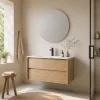 Wooden striped bathroom cabinet, modern and simple floor-standing washbasin cabinet with mirror and storage combination details Picture